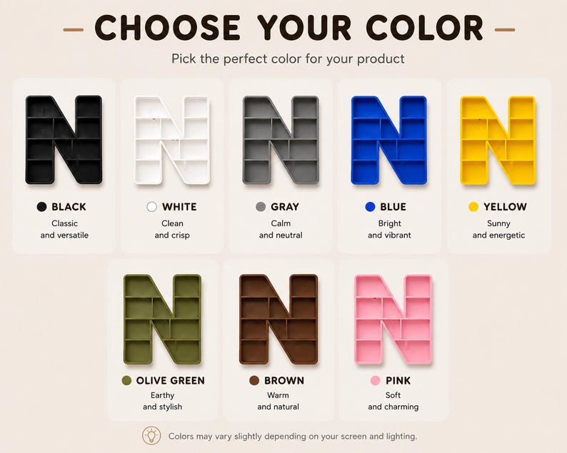 K&ouml;nnte beinhalten: Eine Farbkarte mit dem Buchstaben "N" in verschiedenen Farben: Schwarz, Wei&szlig;, Grau, Blau, Gelb, Olivgr&uuml;n, Braun und Rosa. Jede Farbe ist mit einem beschreibenden Adjektiv versehen. Der Text "W&Auml;HLEN SIE IHRE FARBE" steht oben.