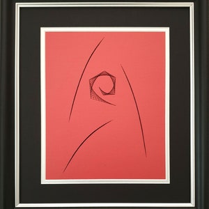 May include: Abstract art print with a red background and black lines forming a geometric shape in the center.