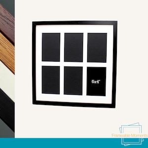 May include: A black multi-aperture picture frame with six openings. Each opening is a black rectangle, with a white border. The bottom right opening has the text "6x4". The frame is designed to hold multiple photos.