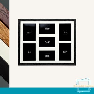 May include: A black multi-aperture picture frame with a white mount. The frame contains four vertical 5x7 inch openings and three horizontal 6x4 inch openings. A stack of four additional frame colour samples is visible on the left side.