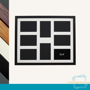 May include: Black multi-photo frame with eight openings. The frame has a white mount and a black border. One opening is labelled "6x4". The frame is designed to hold multiple photos.