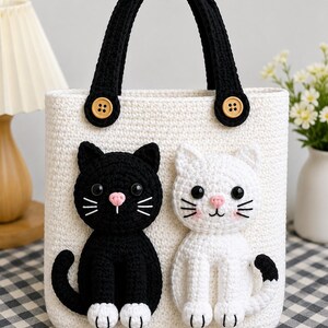 May include: A cream-colored crochet tote bag featuring two attached cat figures, one black and one white. The bag has a black crochet handle secured with two light brown wooden buttons. Each cat has black plastic eyes, a pink nose, and stitched whiskers.