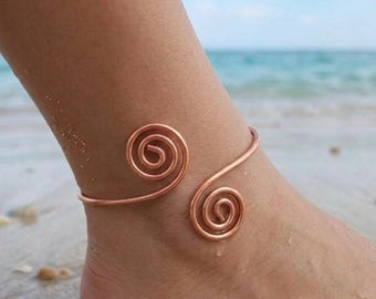 Handgefertigt Kupfer Spirale Fußkettchen, Boho Kette Ankle Armband, Unisex Fuß Schmuck