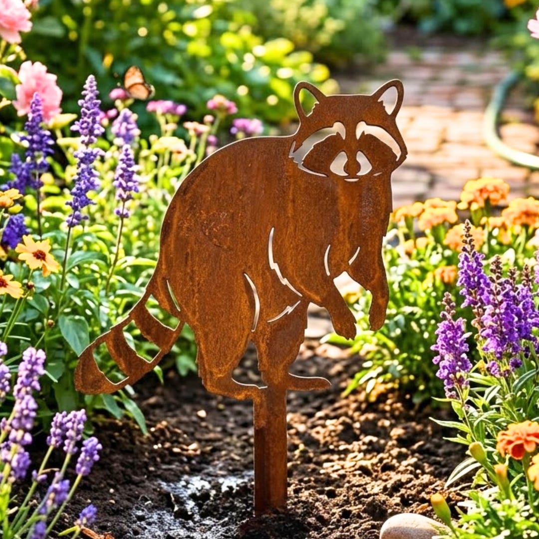 Metal Racoon Panel Rusted Metal Raccoon Garden Stake, Bandit Coon Yard Art, Rusted Metal ...