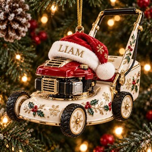 Personalized Lawn Mower Christmas Ornament, Custom Name Gas Push Mower Tree Decoration, Holly Berry Lawn Care Gift for Landscaper