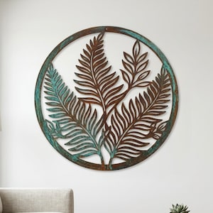 Metallväggkonst, Rund skylt med ormbunksblad, Inflyttningspresent, Minimalistisk inredning, Väggbonad med patina ärg, Botanisk rostkonst