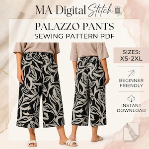 May include: A digital sewing pattern for palazzo trousers by MA Digital Stitch. The image displays the front and back view of wide-leg trousers featuring a black and beige abstract leaf print. Text includes PALAZZO PANTS SEWING PATTERN PDF, SIZES: XS-2XL, BEGINNER FRIENDLY, and INSTANT DOWNLOAD.
