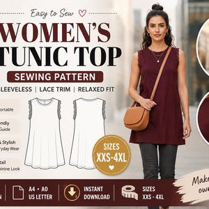 Może przedstawiać: Cyfrowy wykroj krawiecki na tunikę bez rękawów z koronkowym wykończeniem i luźnym krojem. Grafika zawiera tekst NEW PDF PATTERN, WOMEN'S TUNIC TOP SEWING PATTERN oraz SIZES XXS-4XL. Zawiera techniczne rysunki liniowe odzieży.