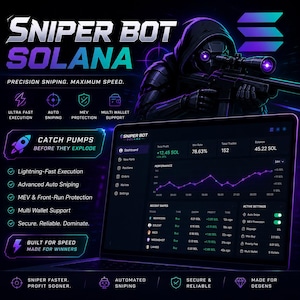 Puede incluir: Gráfico digital promocionando "Sniper Bot Solana" con un tema futurista. La imagen presenta una figura encapuchada con un rifle de francotirador, una computadora portátil que muestra datos comerciales y texto que destaca características como "Lightning-Fast Execution".