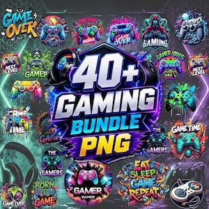 Pode incluir: Uma coleção digital de mais de 40 gráficos PNG com tema de jogos, apresentando controladores de néon vibrantes, auscultadores e texto estilizado como Game Over, Gamer e Eat Sleep Game Repeat, dispostos numa colagem com um fundo elétrico escuro.