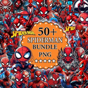 May include: A digital collection of over 50 Spider-Man character illustrations in PNG format. The central orange scalloped badge features the text 50+ SPIDERMAN BUNDLE PNG with five white stars below, surrounded by various red and blue Spider-Man poses.