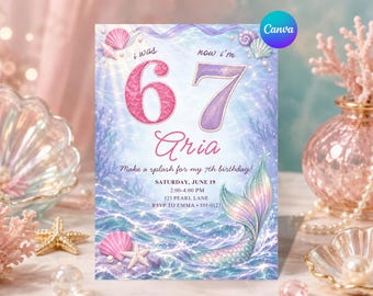 May include: A rectangular birthday invitation card featuring an underwater mermaid theme with blue water, pink and purple seashells, a starfish, and a mermaid tail. The text reads: i was 6, now i'm 7, Aria, Make a splash for my 7th birthday!, SATURDAY, JUNE 19, 2:00-4:00 PM, 123 PEARL LANE, RSVP TO EMMA • 555-0123.