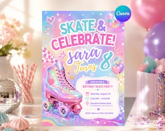 Puede incluir: Una tarjeta de invitación de cumpleaños con un patín de ruedas holográfico, una bola de discoteca y gráficos coloridos. El texto dice: SKATE & CELEBRATE! sara Turns 8, JOIN US FOR A BIRTHDAY SKATE PARTY!, Saturday, August 24, 2:00 PM - 4:00 PM, Sunshine Roller Rink.