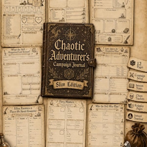 May include: A vintage-style campaign journal titled "Chaotic Adventurer's Campaign Journal" and "Slim Edition". The journal is surrounded by character sheets, dice, and other role-playing game accessories. The colour scheme is brown and beige.