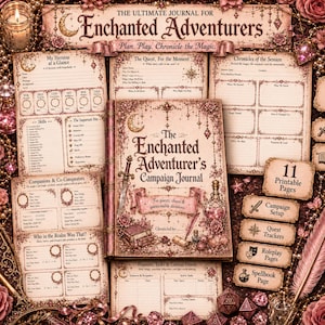 May include: A fantasy-themed journal set with a central book titled "The Enchanted Adventurer's Campaign Journal." The journal is surrounded by additional pages and accessories, all in a vintage, floral design. The text "The Ultimate Journal for Enchanted Adventurers" is visible.
