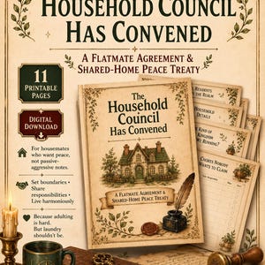 May include: A digital download set titled The Household Council Has Convened, featuring a flatmate agreement and shared-home peace treaty. The document includes 11 printable pages with vintage-style illustrations of a house, an inkwell, and a quill.