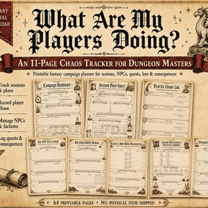 Dungeon Master Chaos Tracker Printable | 11-Page Fantasy TTRPG Campaign Planner & Session Journal | Digital Download
