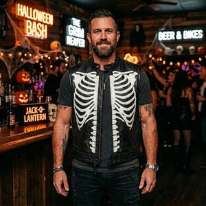 Herrskelettväst i läder | Halloweenbikerväst med gotisk dödskalle och motorcykelmotiv