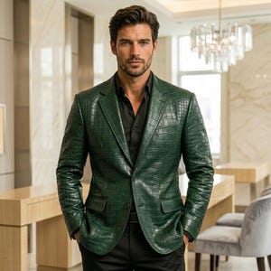 Op de afbeelding: Een donkergroene blazer met een textuur van krokodillenleer, voorzien van een ingekeepte revers, twee voorzakken met klep en een enkele knoopsluiting. De blazer wordt gedragen over een effen zwart overhemd met een puntige kraag en lange mouwen.