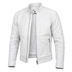 Men's White Snakeskin Embossed Real Leather Jacket | Luxury Python Texture Gothic Fashion Motorcycle Jacket