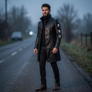 Men's Classic Black Real Leather Trench Coat | Gothic Skull Patch Moto Biker Winter Outerwear