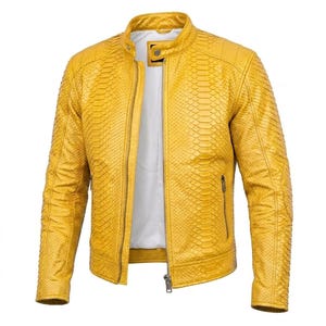 Men's Yellow Snakeskin Embossed Real Leather Jacket | Luxury Python Texture Gothic Fashion Motorcycle Jacket