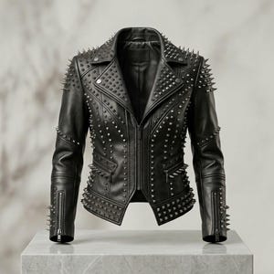 Könnte beinhalten: Schwarze Lederjacke mit silbernen Metallnieten und -spitzen. Die Jacke hat einen Reverskragen, einen Reißverschluss und mehrere Taschen. Schultern und Ärmel sind stark mit Nieten und Spitzen verziert.