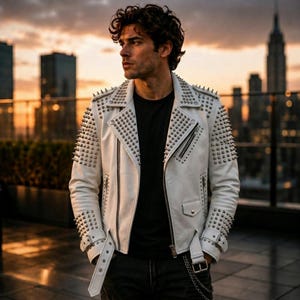 Men's Silver Studded Leather Jacket | Punk Rock Motorcycle Biker Coat | Rockstar Brando Outerwear