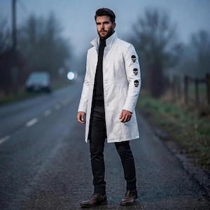 Men's Classic White Real Leather Trench Coat | Gothic Skull Patch Moto Biker Winter Outerwear