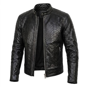 Men's Black Snakeskin Embossed Real Leather Jacket | Luxury Python Texture Gothic Fashion Motorcycle Jacket