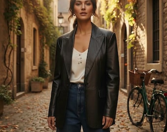 Women’s Classic Real Leather Blazer-Elegant Tailored Formal Business Dress Coat