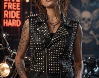 Women' Brando Studded & Spiked  Real Leather Punk Vest-Rockstar Gothic Biker Concert Streetwear