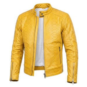 Men's Yellow Snakeskin Embossed Real Leather Jacket | Luxury Python Texture Gothic Fashion Motorcycle Jacket
