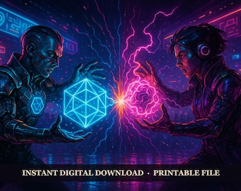 Neon Arcana - Arclight Duel, Printable Wall Art Digital Download, Cyberpunk Fantasy Poster Print