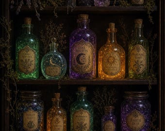 Alchemist's Greenhouse - Witchlight Apothecary Shelf, Printable Wall Art Digital Download, Witch Potion Print
