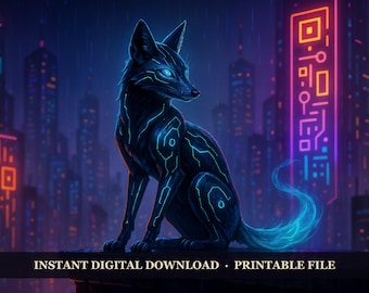 Neon Arcana - Neon Familiar, Printable Wall Art Digital Download, Cyberpunk Fantasy Poster Print