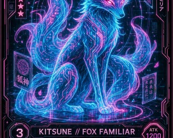 Neon Arcana - Circuit Fox Familiar, Printable Wall Art Digital Download, Cyberpunk Fantasy Poster Print