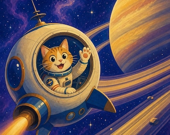 Cosmic Cat Astronaut Printable Wall Art, Retro Space Cat Poster, Funny Pet Digital Download, Sci-Fi Cat Print