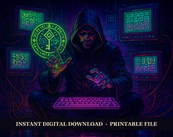 Neon Arcana - The Netrunner Magus, Printable Wall Art Digital Download, Cyberpunk Fantasy Poster Print