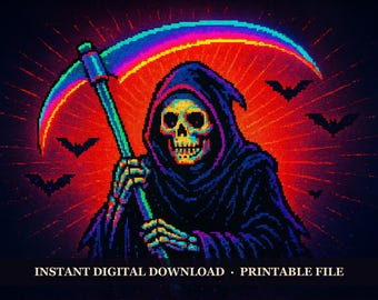 Hallowtide Arcade - Grim Reaper GG, Printable Wall Art Digital Download, Halloween Gamer Poster Print
