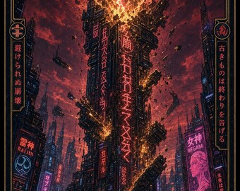 Neon Arcana - Neo-Tokyo Tarot: The Tower, Printable Wall Art Digital Download, Cyberpunk Fantasy Poster Print