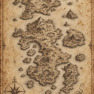Könnte beinhalten: Eine sepiafarbene Fantasy-Landkarte auf gealtertem Pergamentpapier mit mehreren Inseln, Gebirgszügen, Wäldern und Kratern. Eine Windrose befindet sich in der unteren linken Ecke und eine Illustration eines Meereswesens unten rechts.