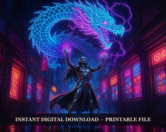 Neon Arcana - Chrome Summoner, Printable Wall Art Digital Download, Cyberpunk Fantasy Poster Print