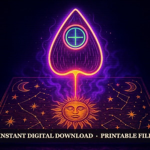 May include: A digital illustration featuring a glowing neon-style planchette hovering above a board decorated with a central sun face, stars, and crescent moons. The text at the bottom reads INSTANT DIGITAL DOWNLOAD - PRINTABLE FILE.