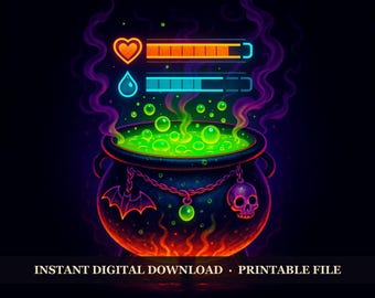 Hallowtide Arcade - Hex Cauldron HUD, Printable Wall Art Digital Download, Halloween Gamer Poster Print