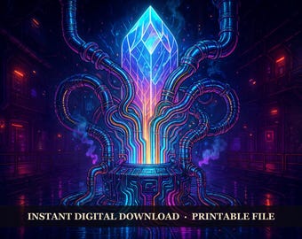 Neon Arcana - Mana Reactor, Printable Wall Art Digital Download, Cyberpunk Fantasy Poster Print