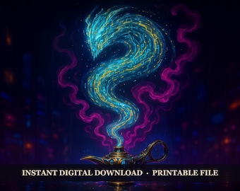 Neon Arcana - Datastream Djinn, Printable Wall Art Digital Download, Cyberpunk Fantasy Poster Print