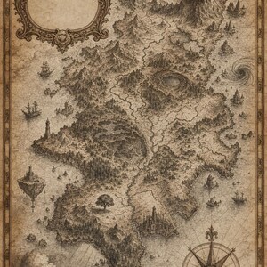 Könnte beinhalten: Eine sepiafarbene Fantasy-Kartenillustration mit einer großen Landmasse, Bergen, Wäldern und einem zentralen Krater. Die Karte enthält einen dekorativen Rahmen, eine Windrose, Segelschiffe, schwebende Inseln und eine Burg auf einem Berggipfel.