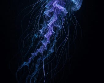 Luminous Deep - Abyssal Drift, Printable Wall Art Digital Download, Bioluminescent Jellyfish Print