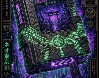 Neon Arcana - Cartridge Grimoire, Printable Wall Art Digital Download, Cyberpunk Fantasy Poster Print